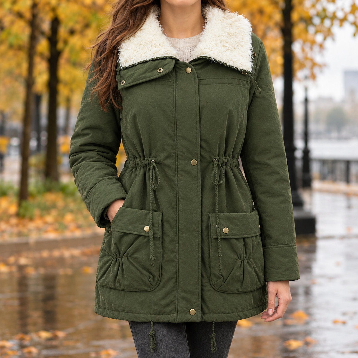 Plush Collar Drawstring Padded Jacket