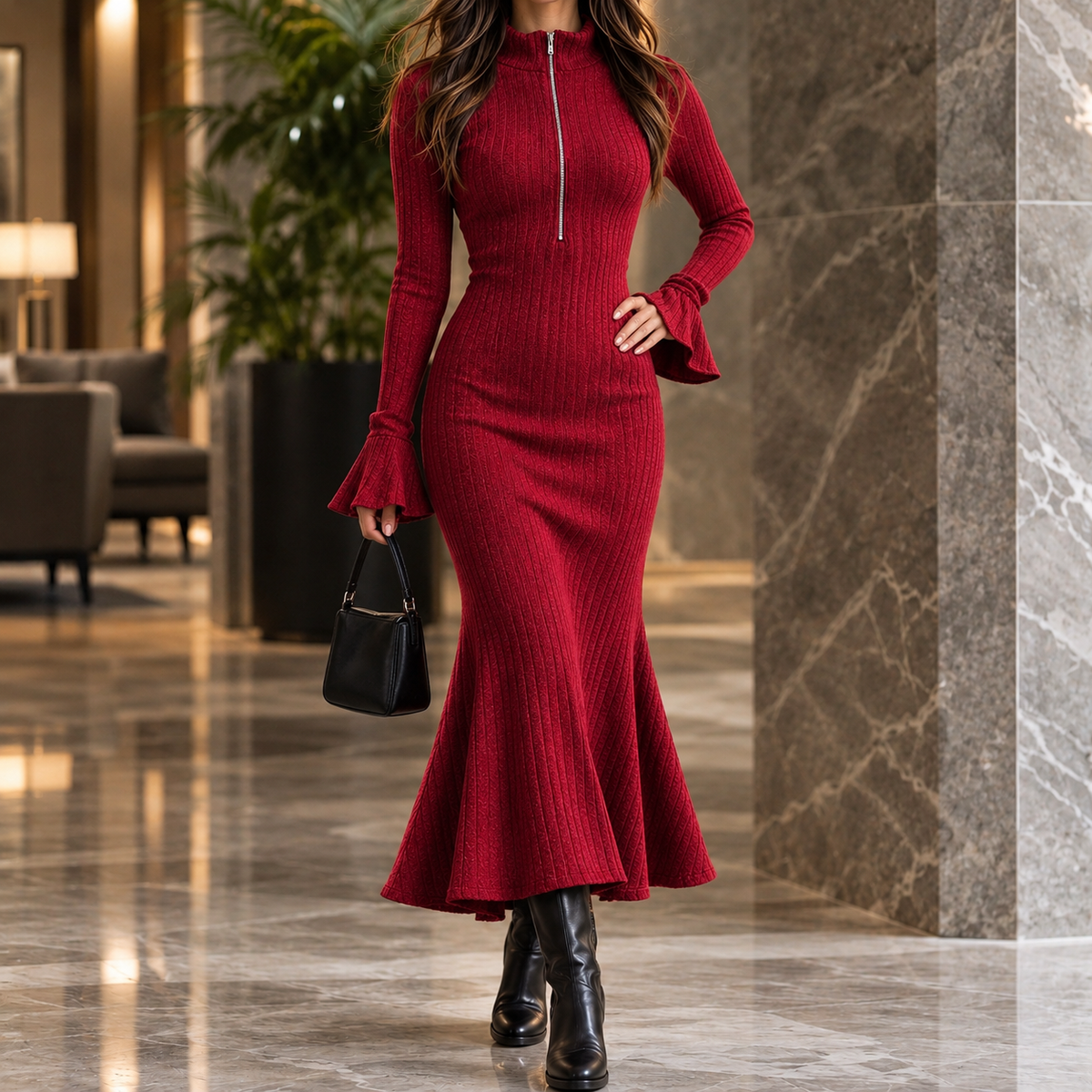 Half-Zip Ribbed Mermaid Sweater Dress