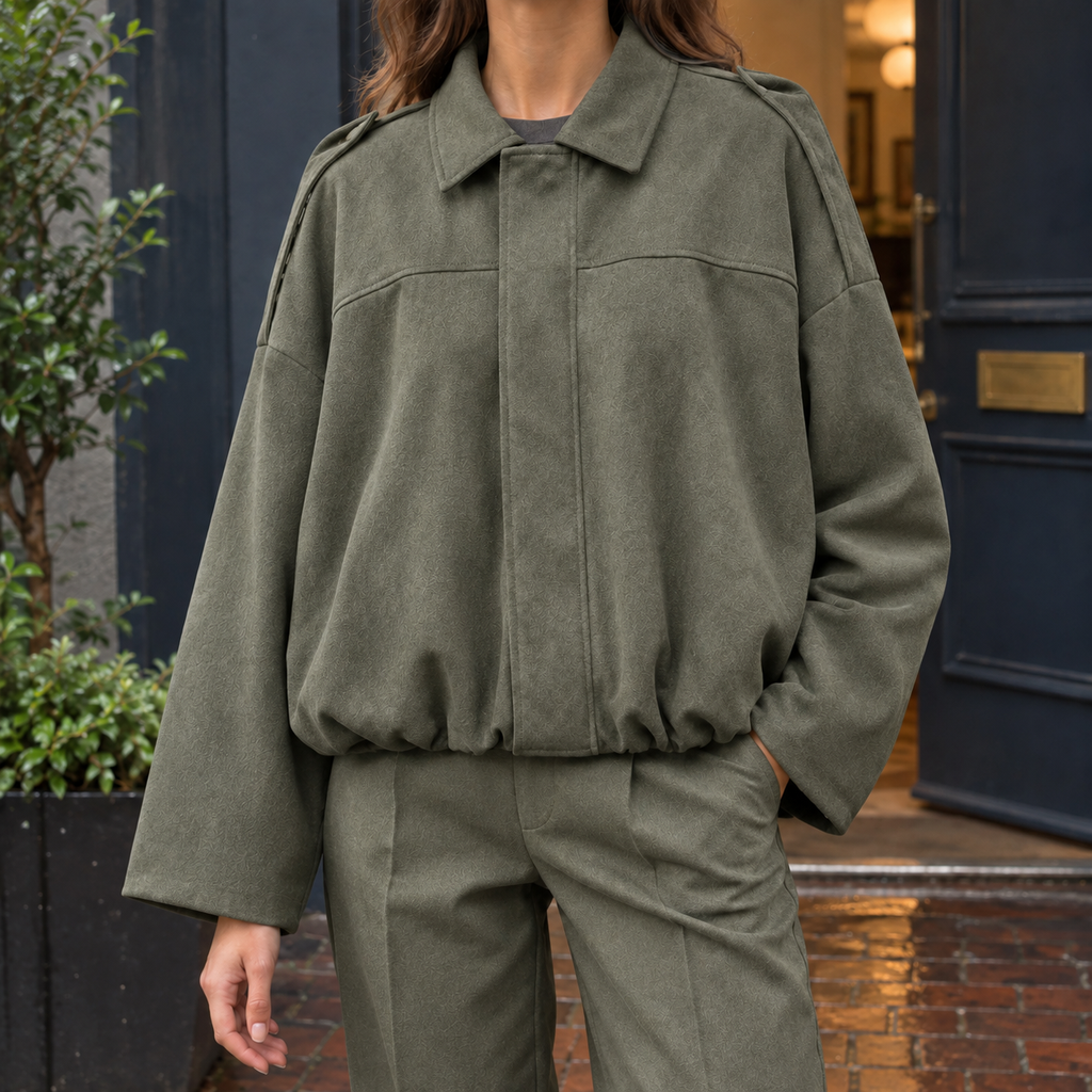Faux Suede Bubble-Hem Bomber Jacket