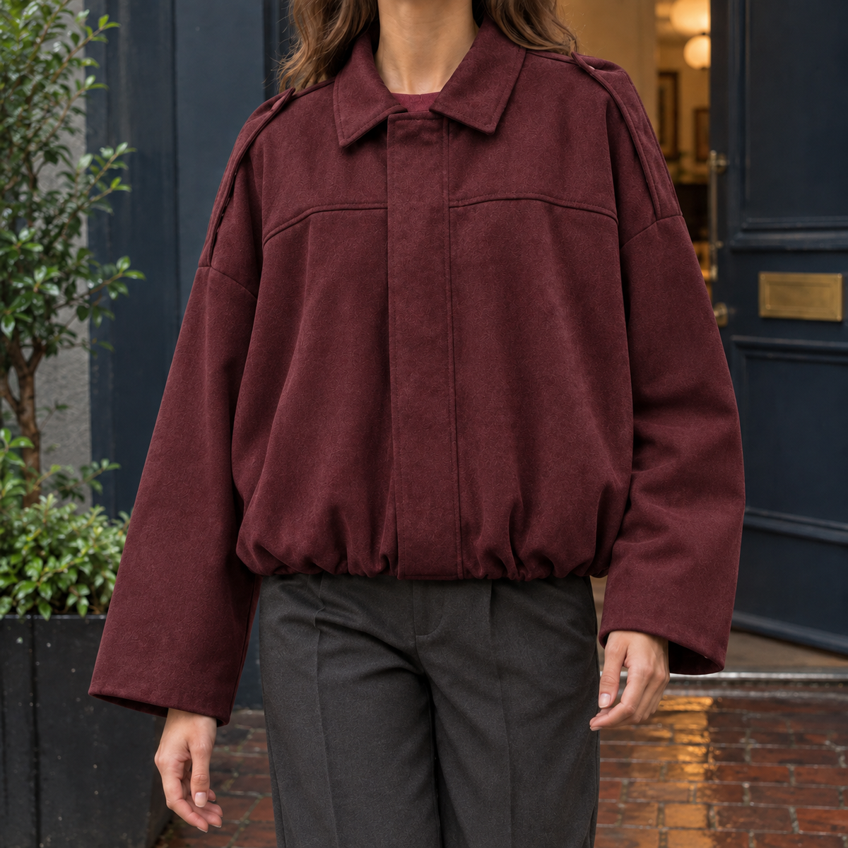 Faux Suede Bubble-Hem Bomber Jacket