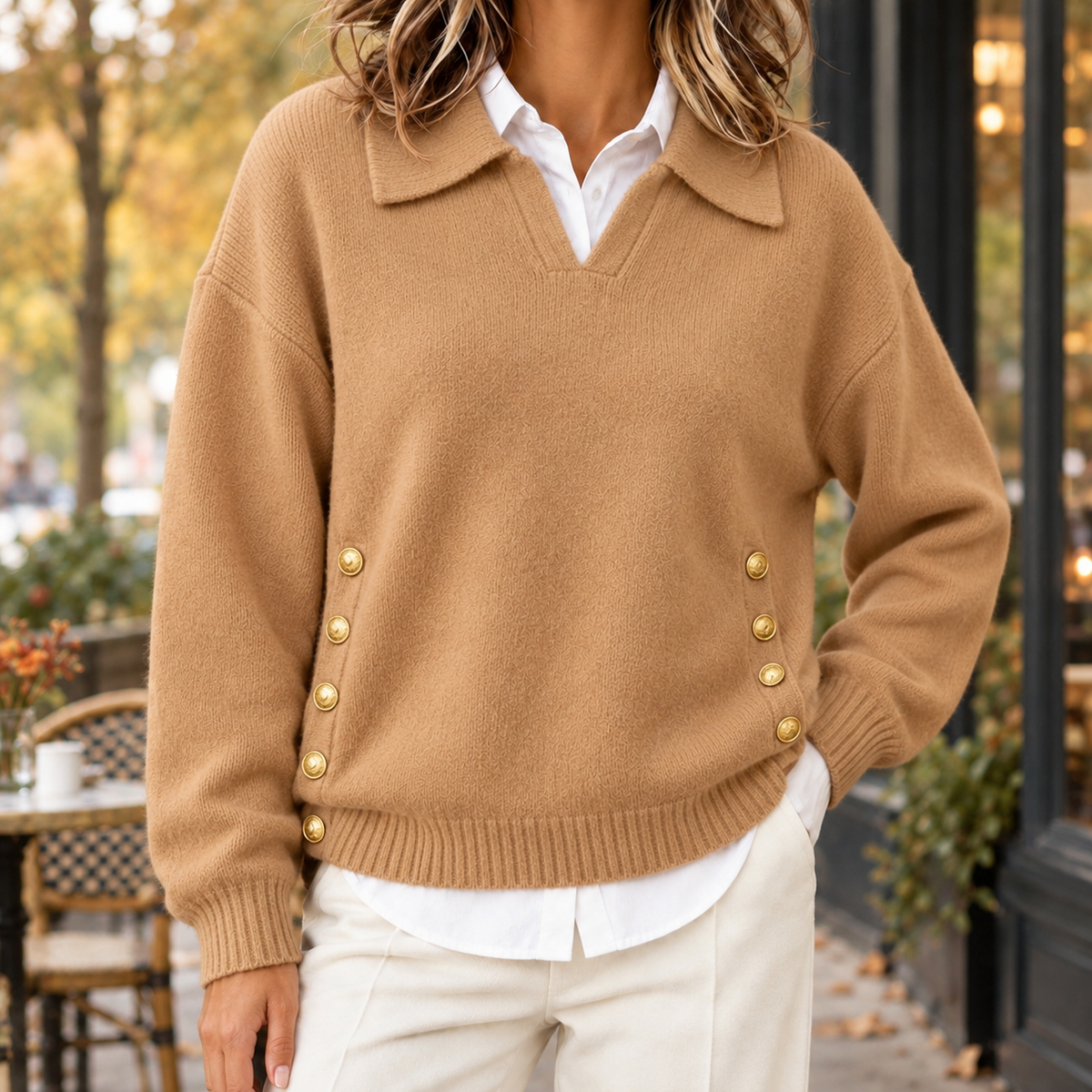 Collared V-Neck Gold-Button Sweater