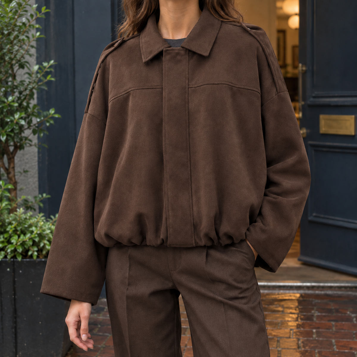 Faux Suede Bubble-Hem Bomber Jacket