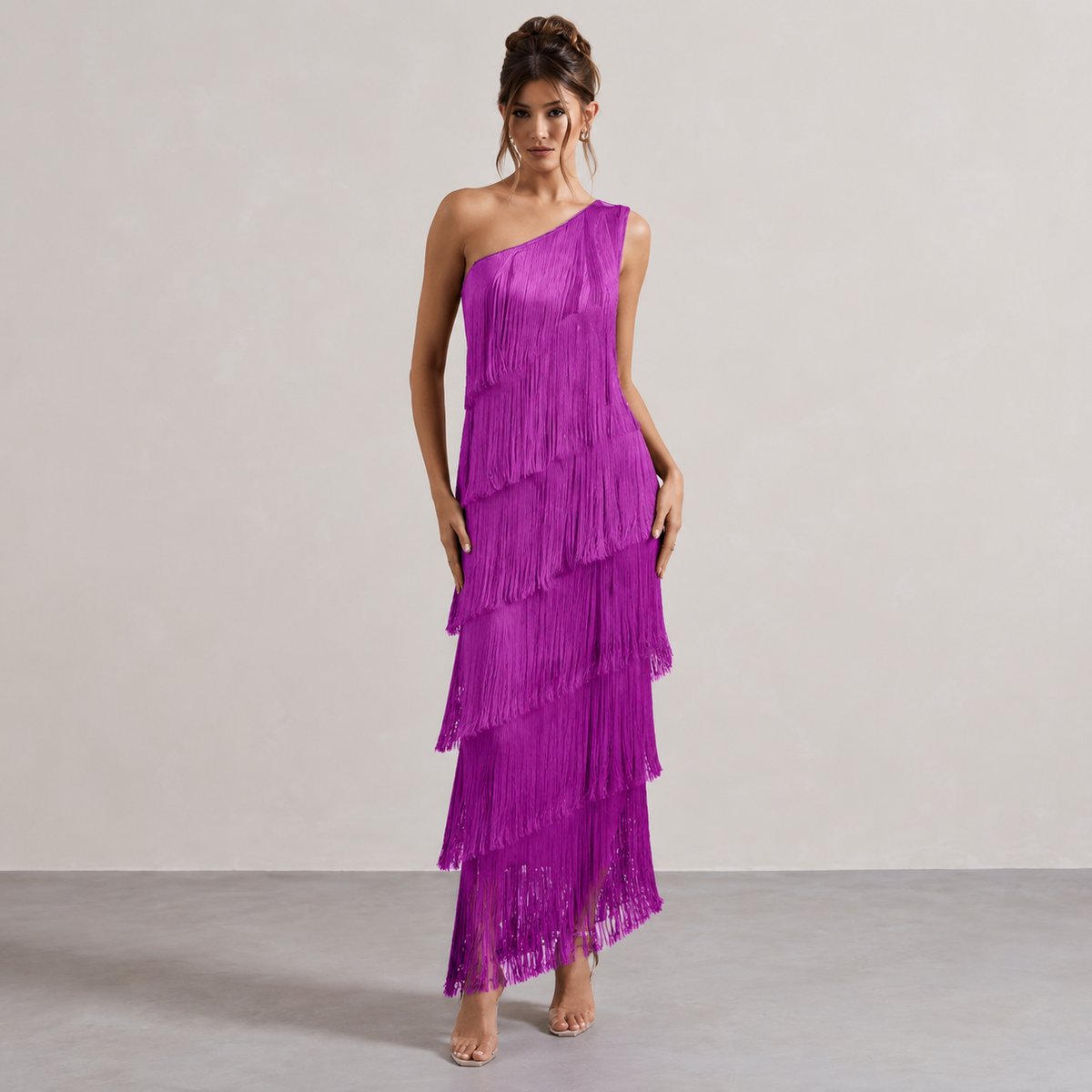The Oliva One-Shoulder Fringe Maxi Dress