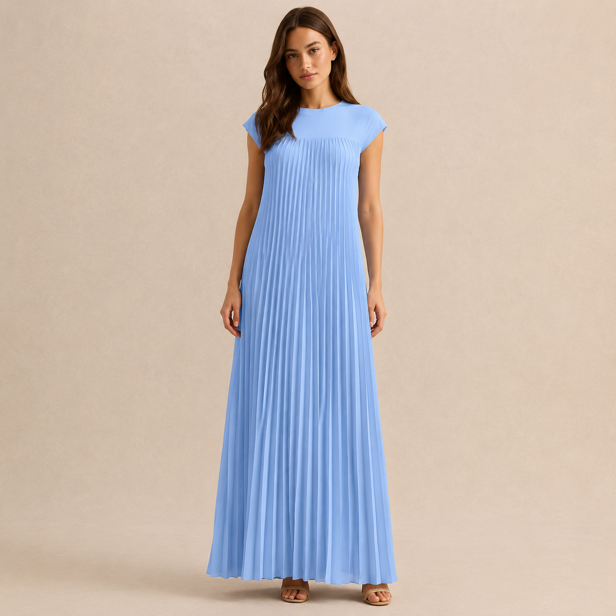Pleated Column Cap Sleeve Maxi Dress