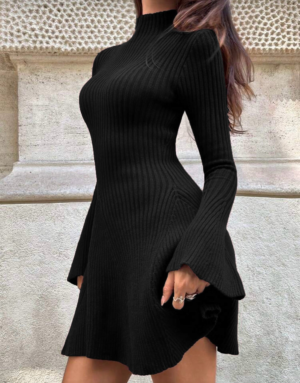 Bell Sleeve Ribbed Knit Mini Sweater Dress