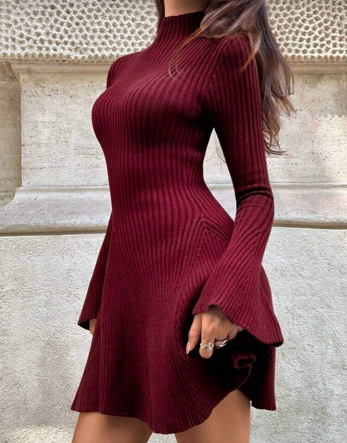 Bell Sleeve Ribbed Knit Mini Sweater Dress