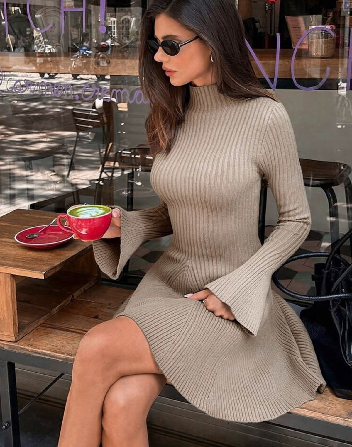 Bell Sleeve Ribbed Knit Mini Sweater Dress