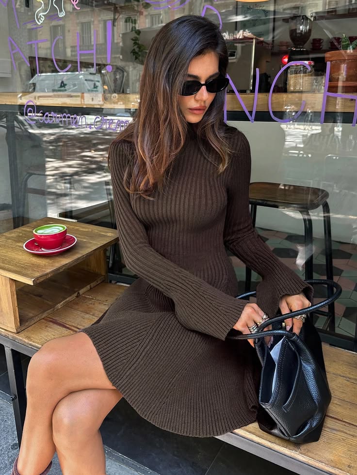 Bell Sleeve Ribbed Knit Mini Sweater Dress