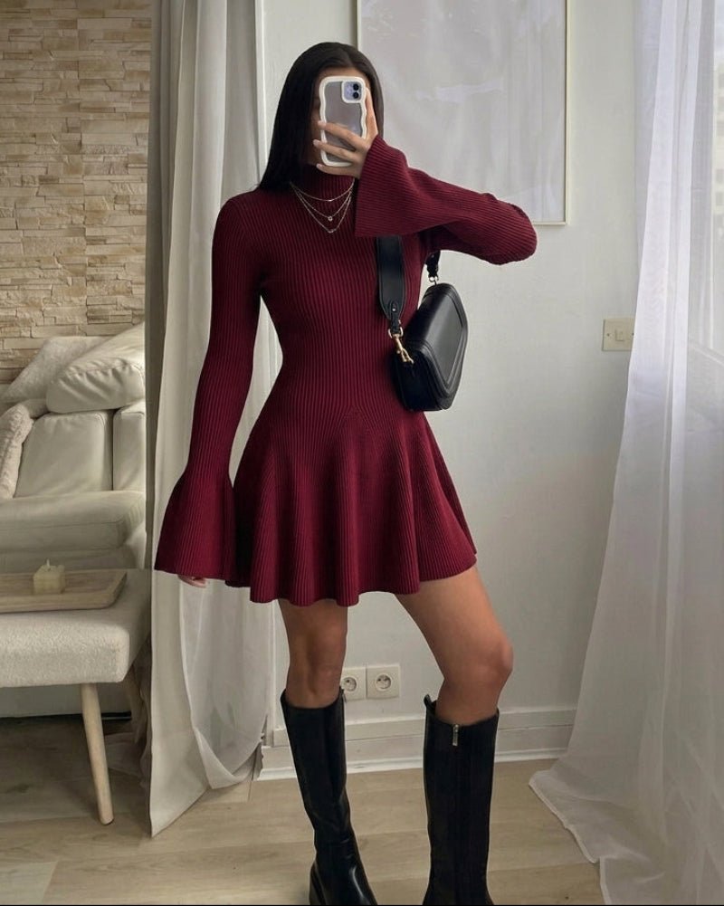 Bell Sleeve Ribbed Knit Mini Sweater Dress
