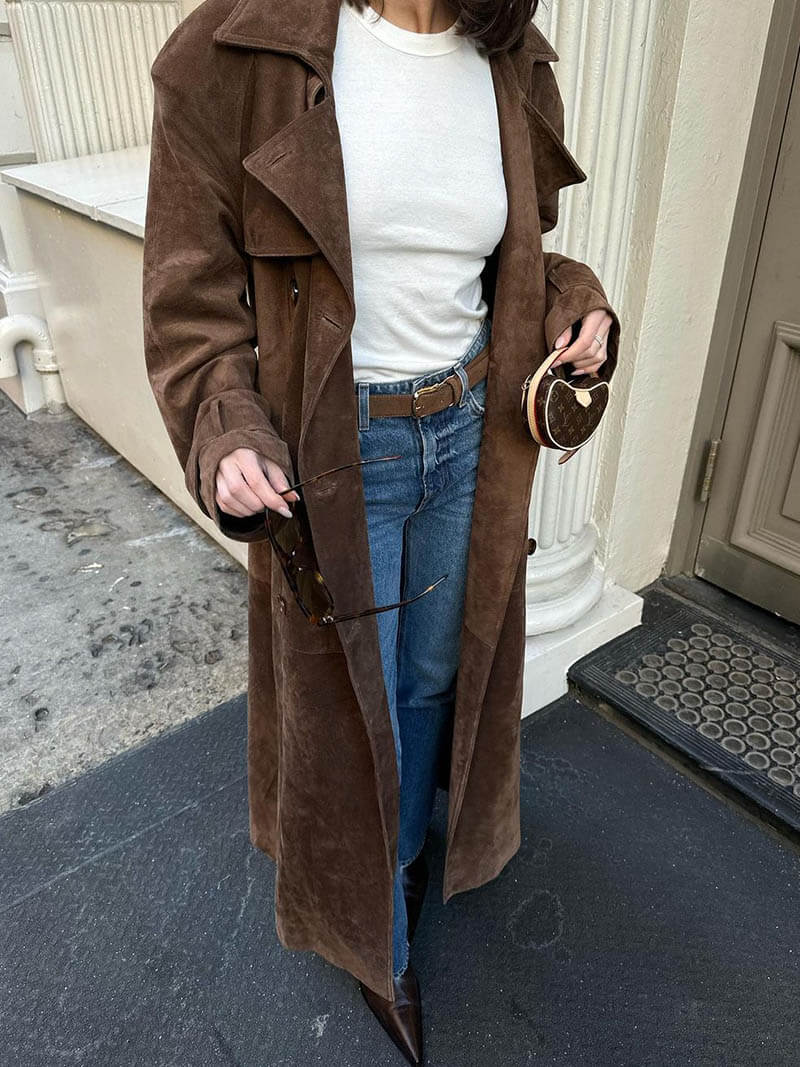 Belted Faux Suede Trench Coat