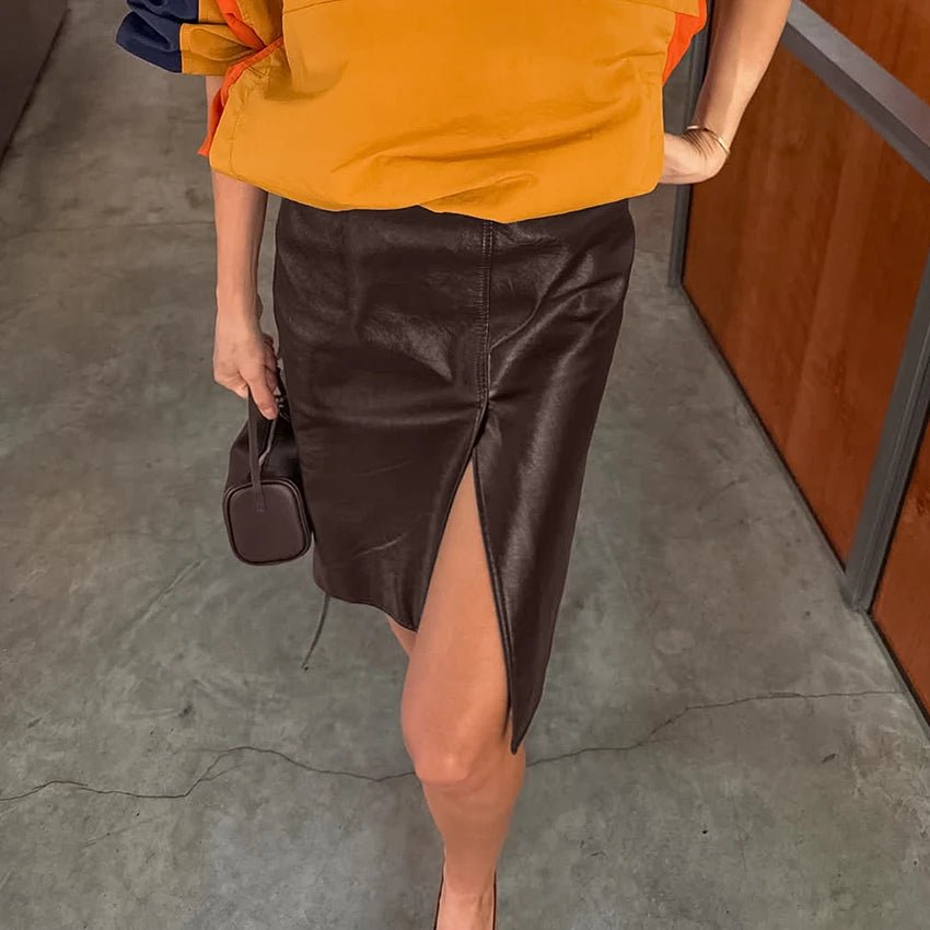 Faux Leather Front Slit Pencil Skirt
