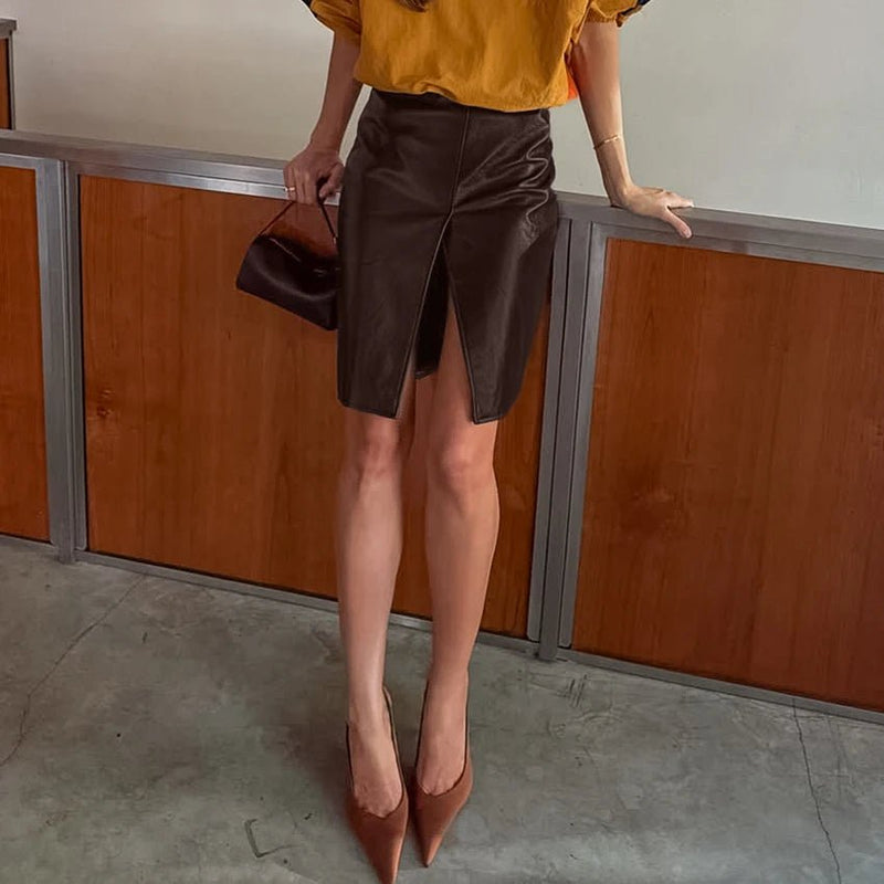 Faux Leather Front Slit Pencil Skirt