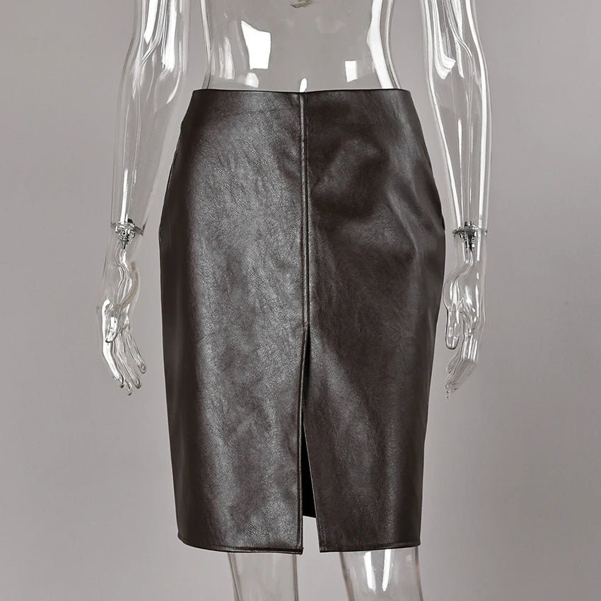 Faux Leather Front Slit Pencil Skirt