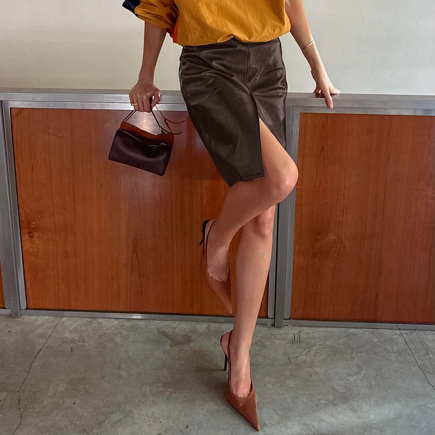 Faux Leather Front Slit Pencil Skirt
