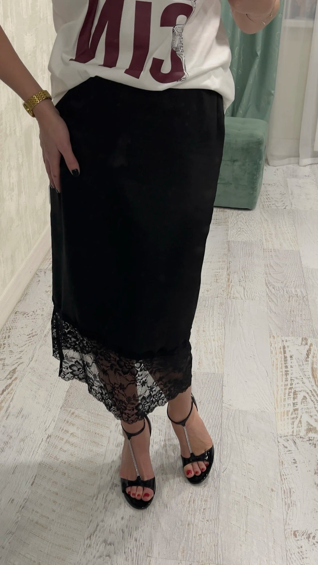 Lace Hem Satin Maxi Skirt