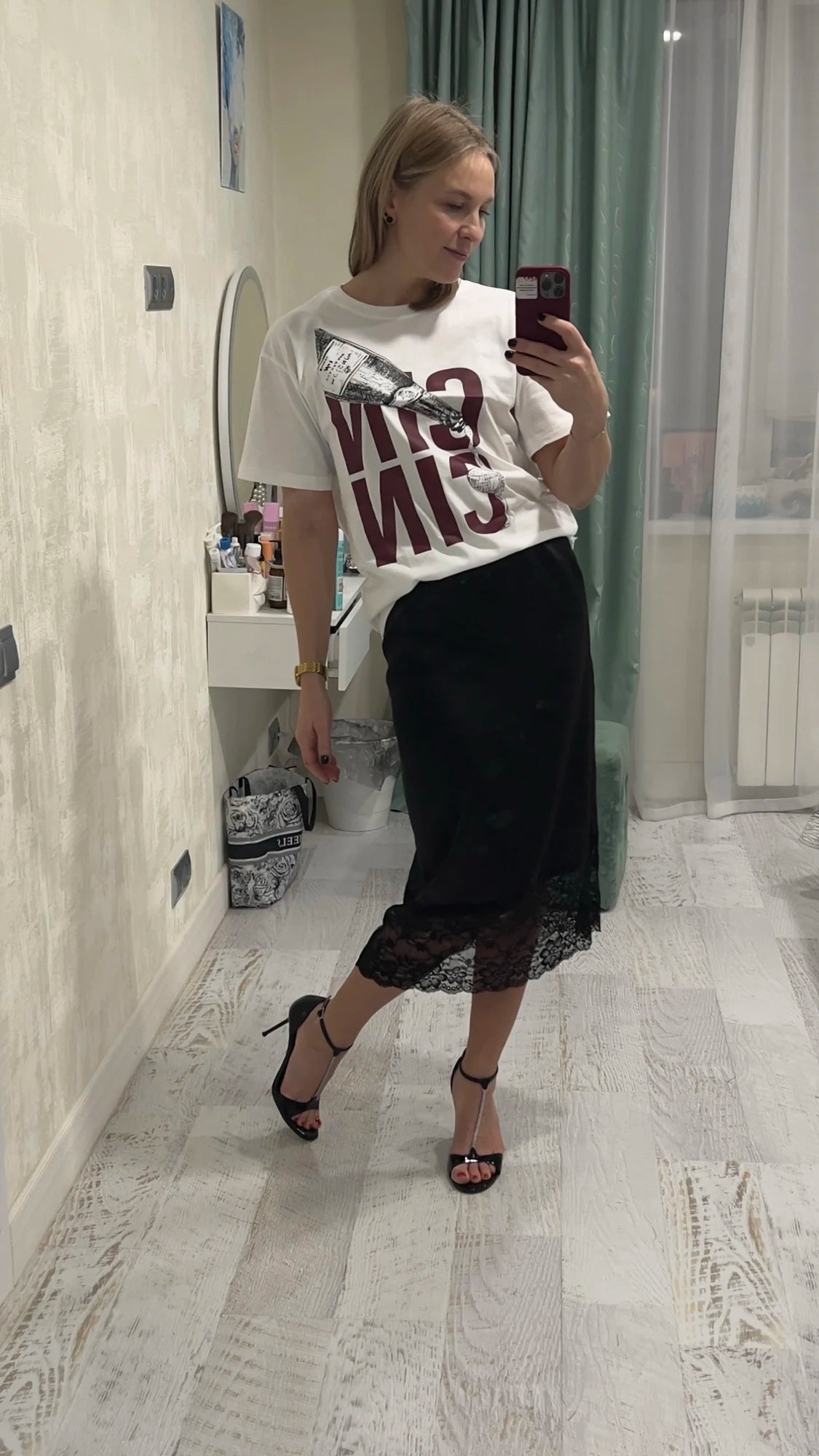 Lace Hem Satin Maxi Skirt