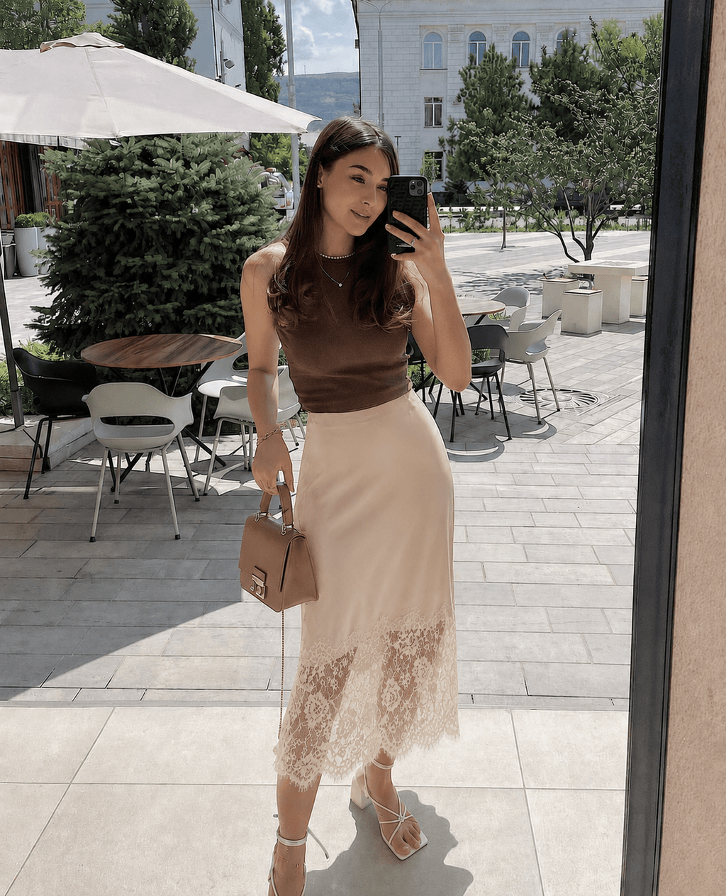 Lace Hem Satin Maxi Skirt