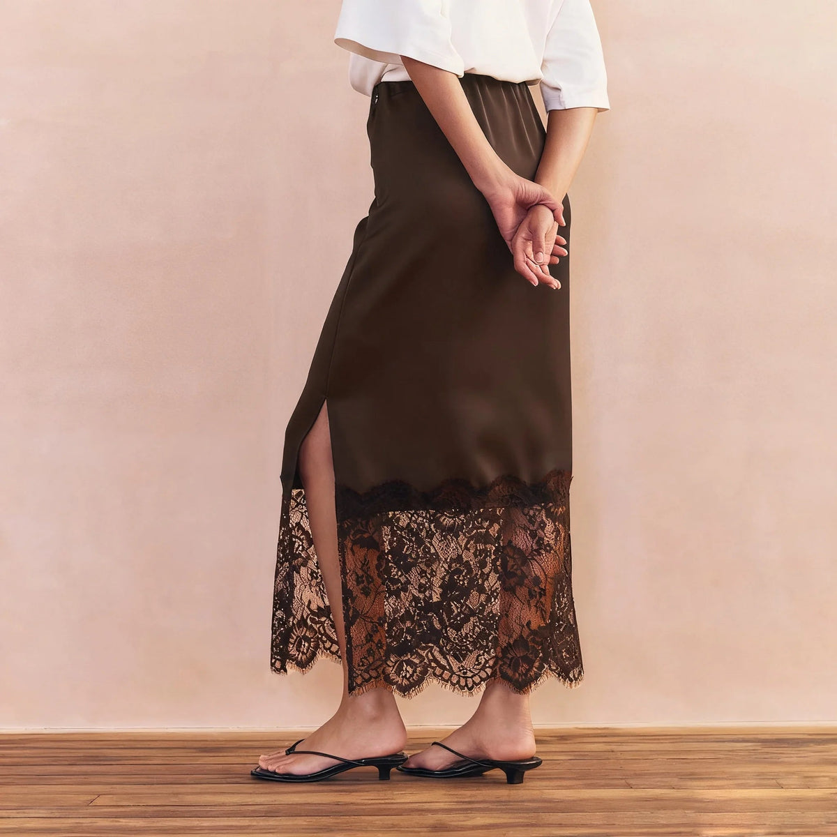 Lace Hem Satin Maxi Skirt