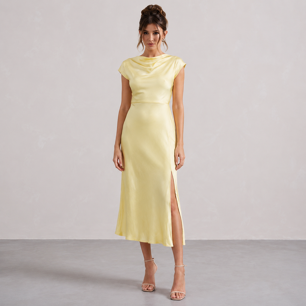 The Rossana Satin Cowl-Neck Midi Dress