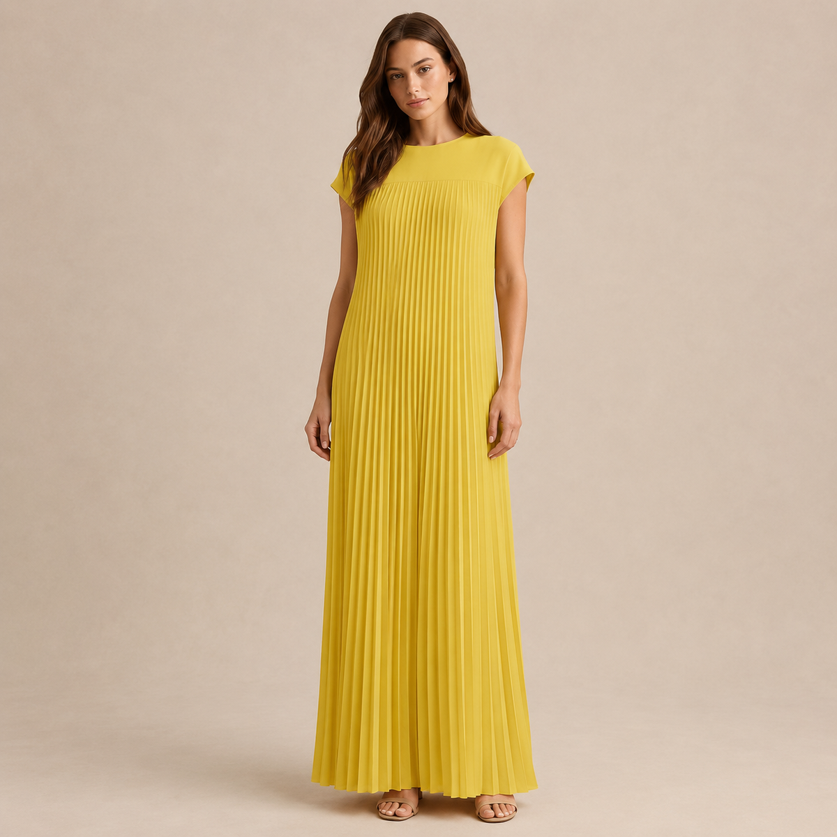 Pleated Column Cap Sleeve Maxi Dress